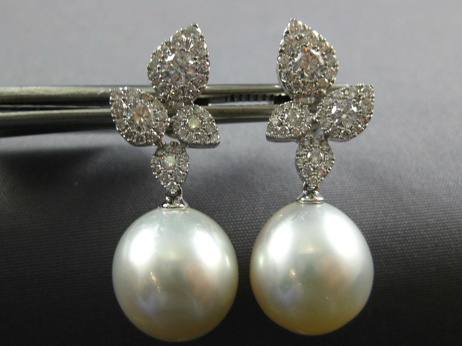 1.52CT DIAMOND & AAA SOUTH SEA PEARL 18KT WHITE GOLD MULTI LEAF HANGING EARRINGS