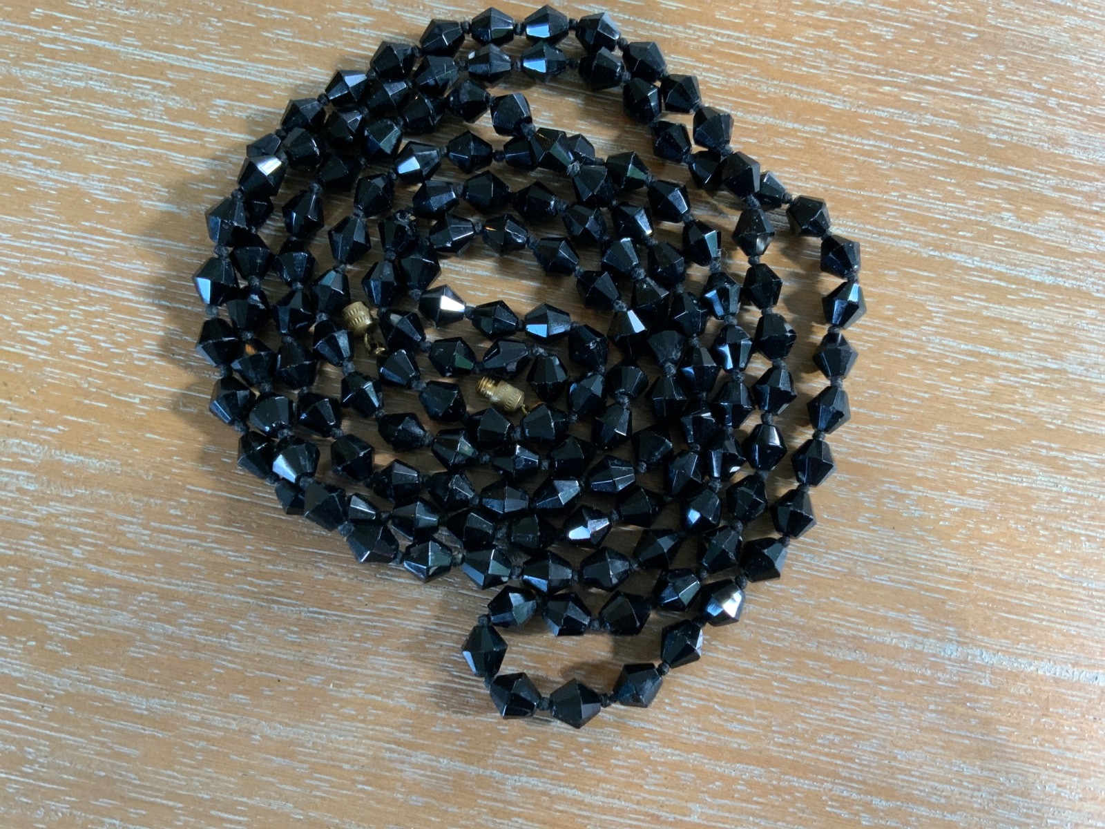 Beaded Flapper Czech glass Oil Slick black hand Knot Rivoli Opera necklace 64in