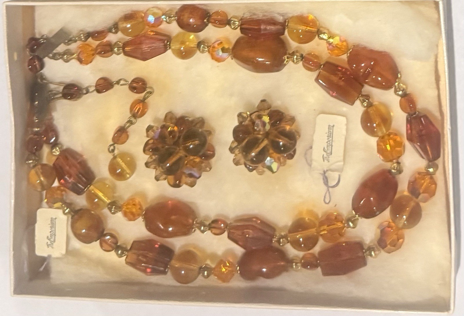 Stunning 1960s The Emporium Multi-Strand Amber Bead Statement Necklace & Earring