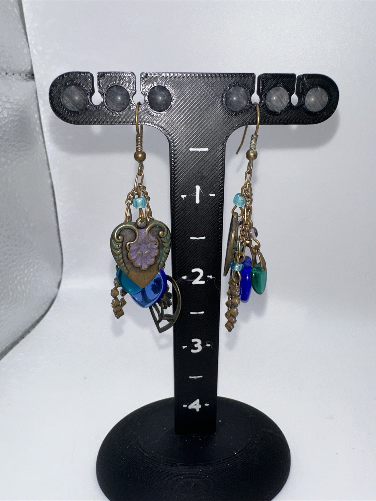 Vintage Glass Works Studio Brass tone HEART Glass Hook Earrings 2.75”