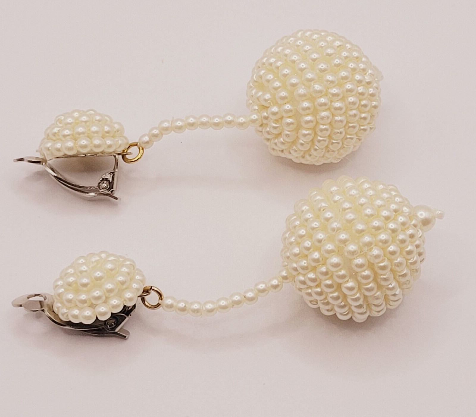 Unique Ball Drop Dangle with Faux Pearl Long Beaded Costume Clip On Earrings