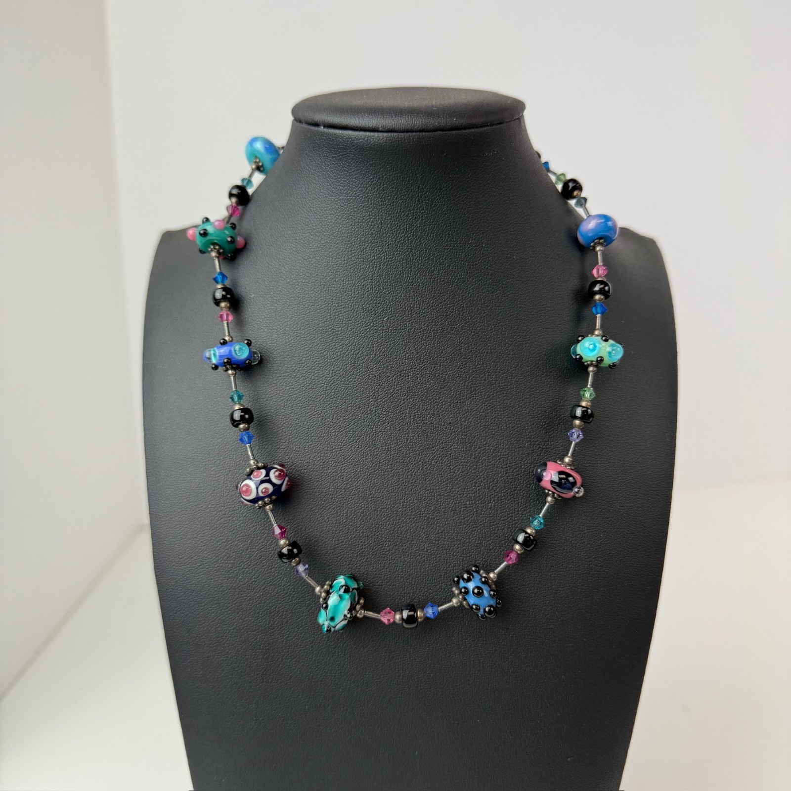 Vintage Art Lampwork Glass Swirl Beaded Necklace 925 Sterling Silver Polka Dot