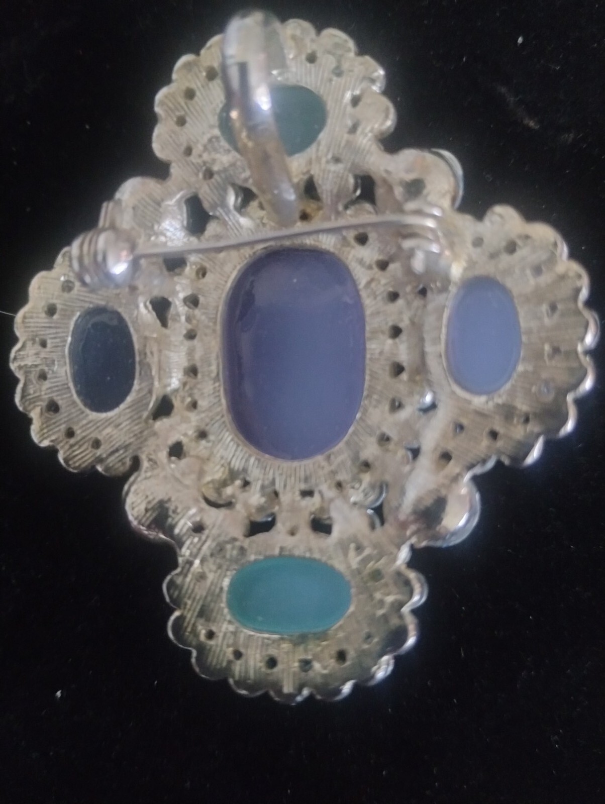 Vintage Blue And Violet Cabochon Lucite And Rhinestone Jewels Brooch Or Pendant