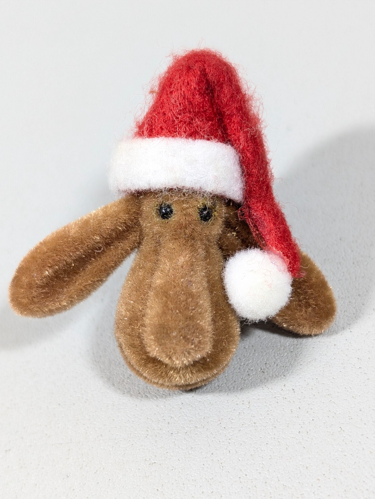 Vintage Fuzzy Christmas Reindeer Pin Brown Red Santa Hat 3D