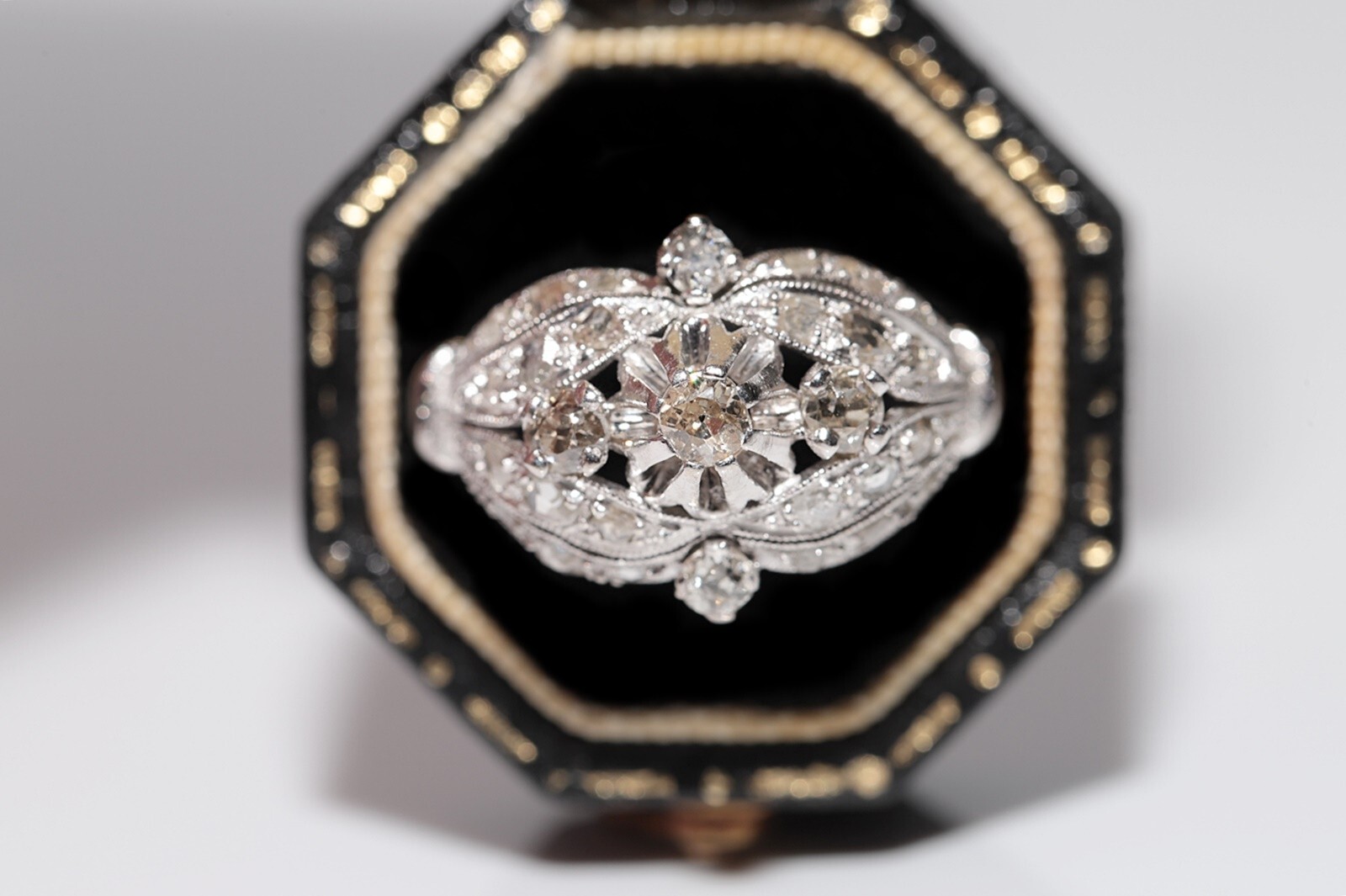 Antique 18k Gold Circa 1920s Art Deco Handcrafted Natural Diamond Decorated Ring