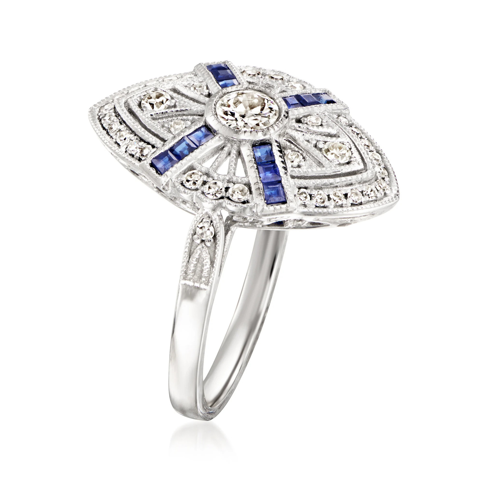 Vint Diamond & Sapphire Navette Rng in Platinum Size 6.25