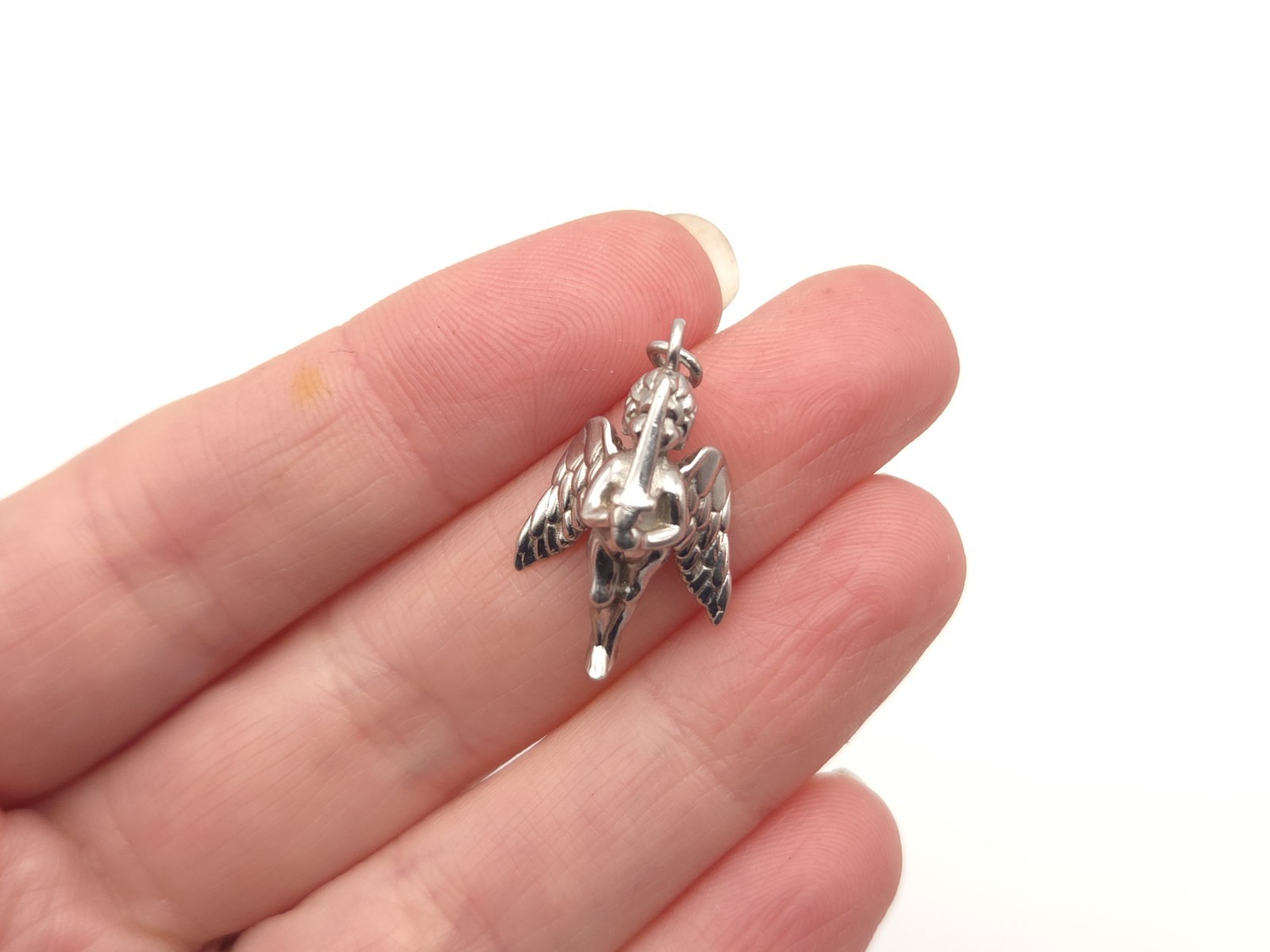 Vintage Sterling Silver Signed Guardian Angel w/ Sword Cherub Charm Pendant