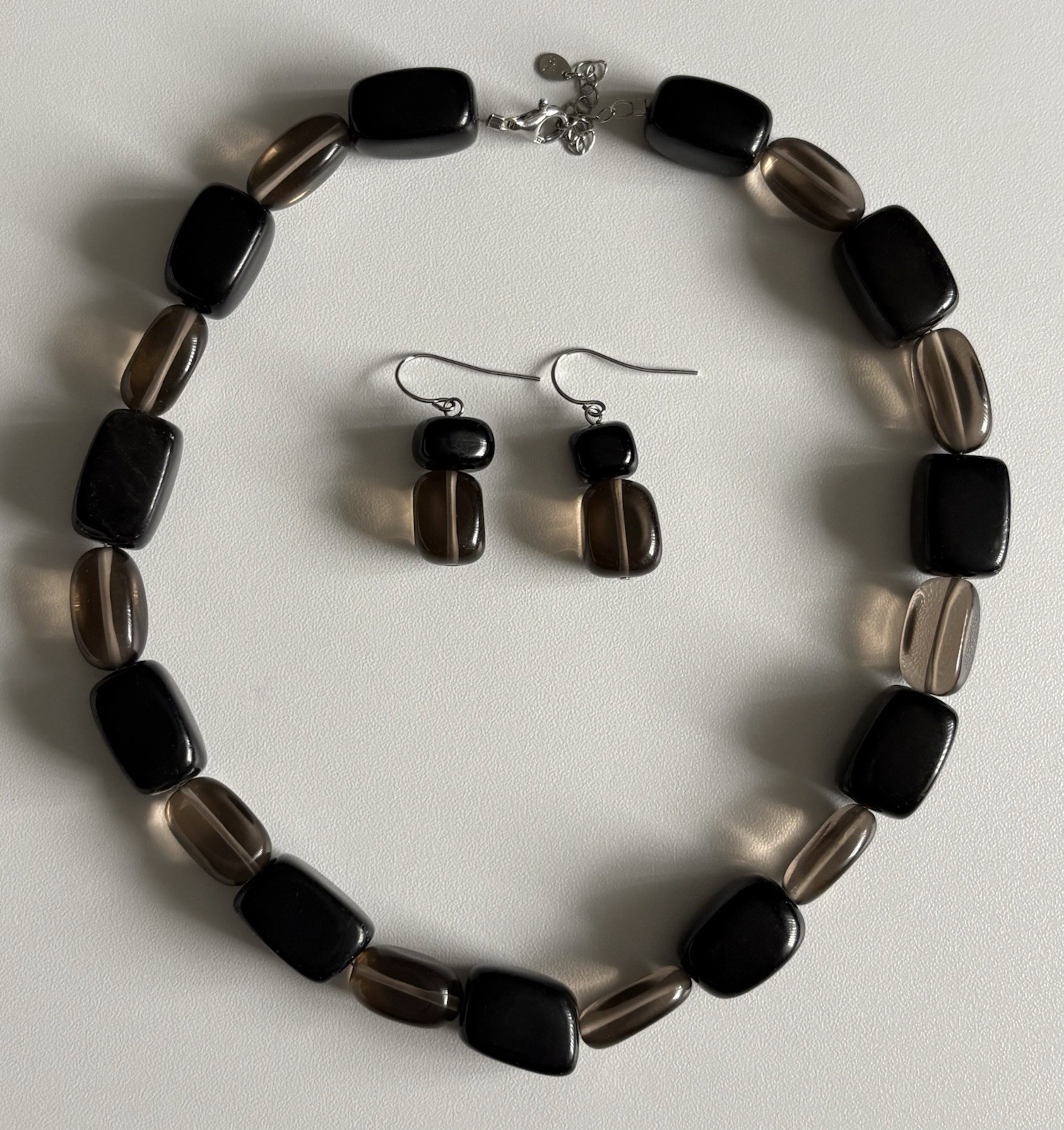 VTG Black & Clear Brown Chunky Glass Necklace Earrings Jewelry Set 925 ATI 106g