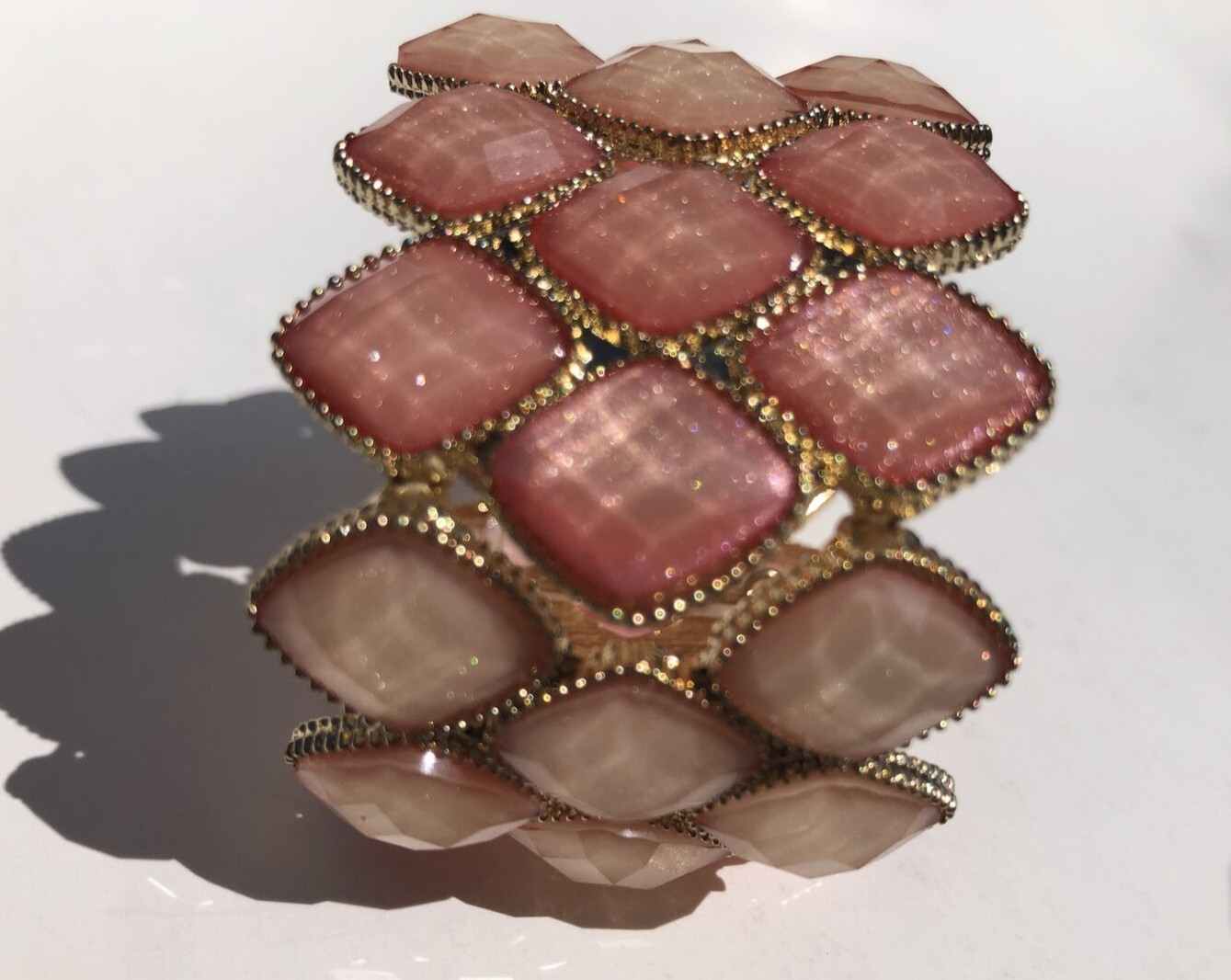 Pink Stone Stretch Cuff Bracelet Gold Tone Statement Piece Costume Jewelry