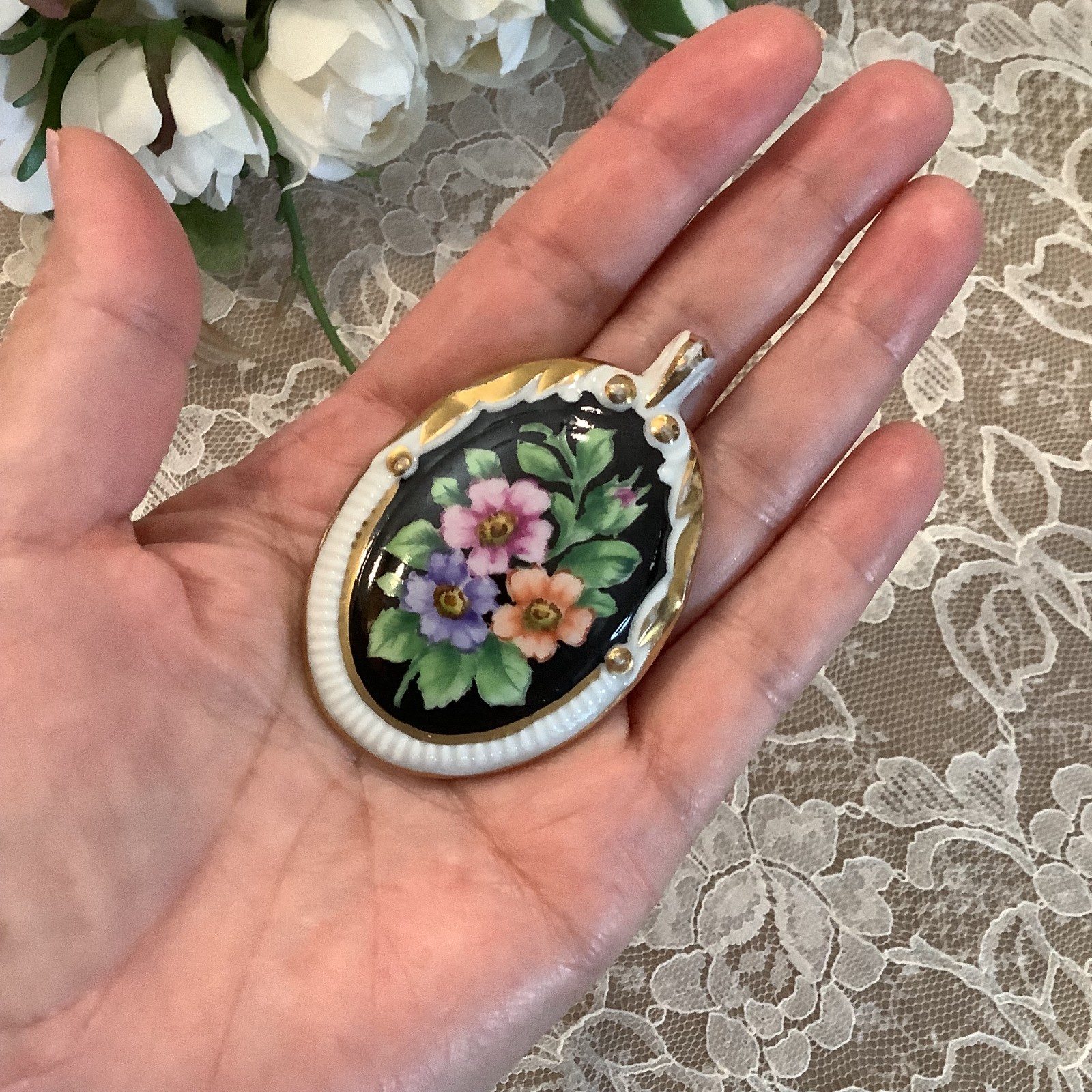 white black floral hand painted large porcelain vintage pendant 2.5″ victorian