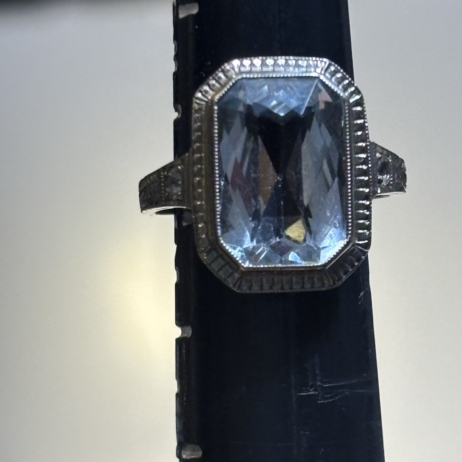 Vintage 14k White Gold Aquamarine Ring Art Deco Style Emerald Cut Estate