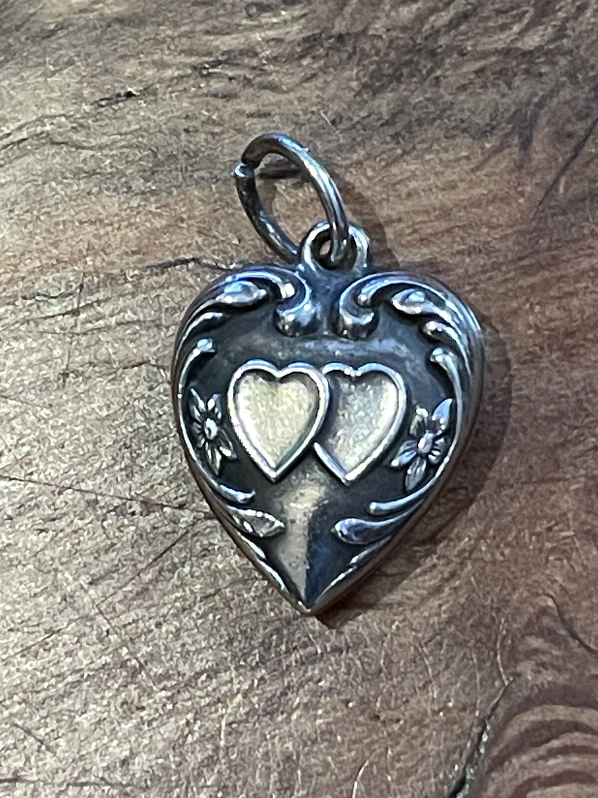 VTG 40’s Sterling Silver hearts and flowers puffy heart charm (Dot)