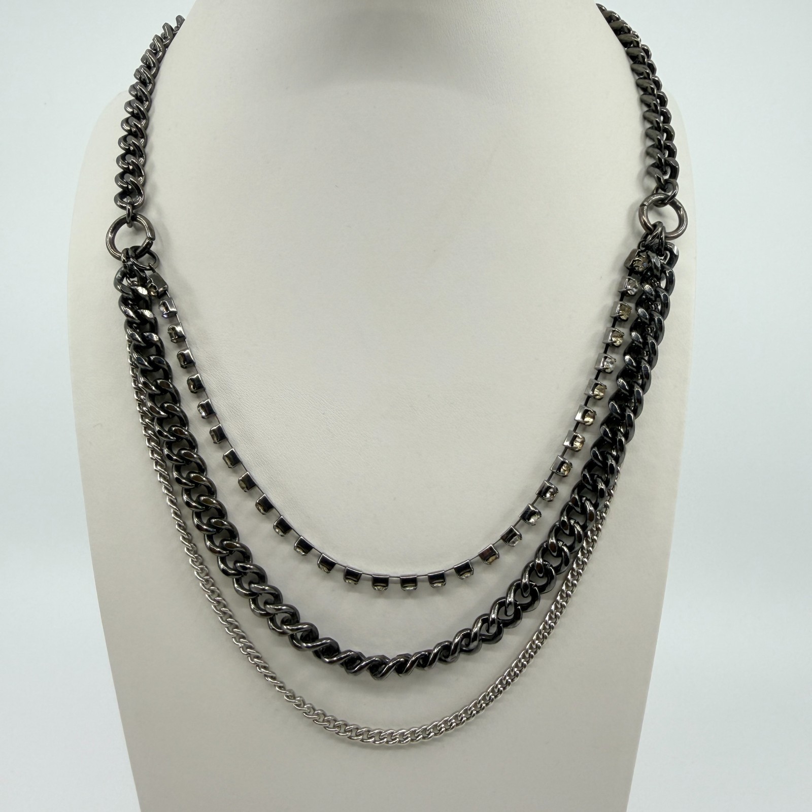 Vintage Gunmetal Tone Layered Necklace Multi Strand Chunky Curb Chain Rhinestone