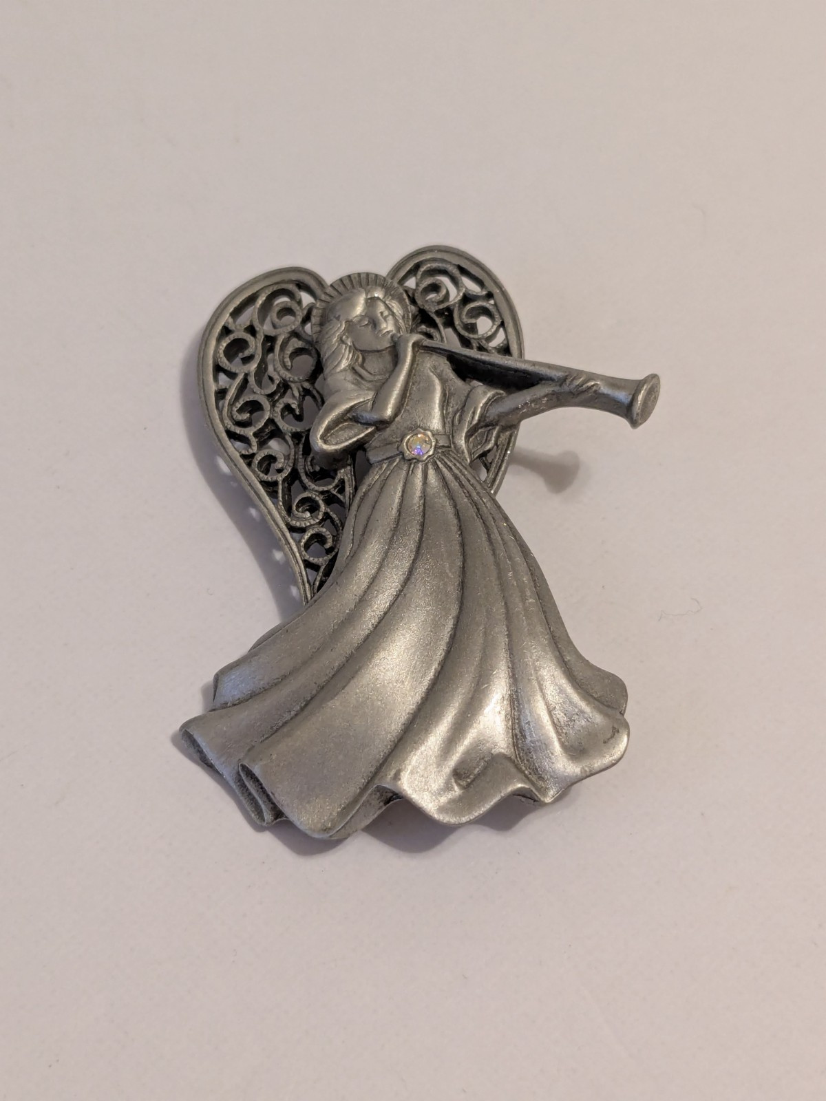 JJ Jonette Vintage Silver Tone Pewter Angel & Horn Brooch With Rhinestone 2.5″.