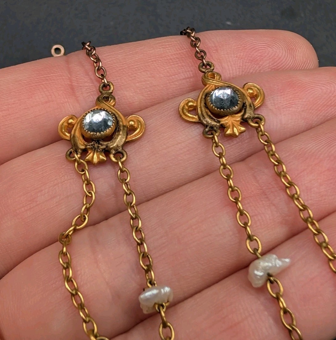 AMAZING Art Nouveau Era Festoon Blue Glass Pearl Antique Vintage Necklace 16″