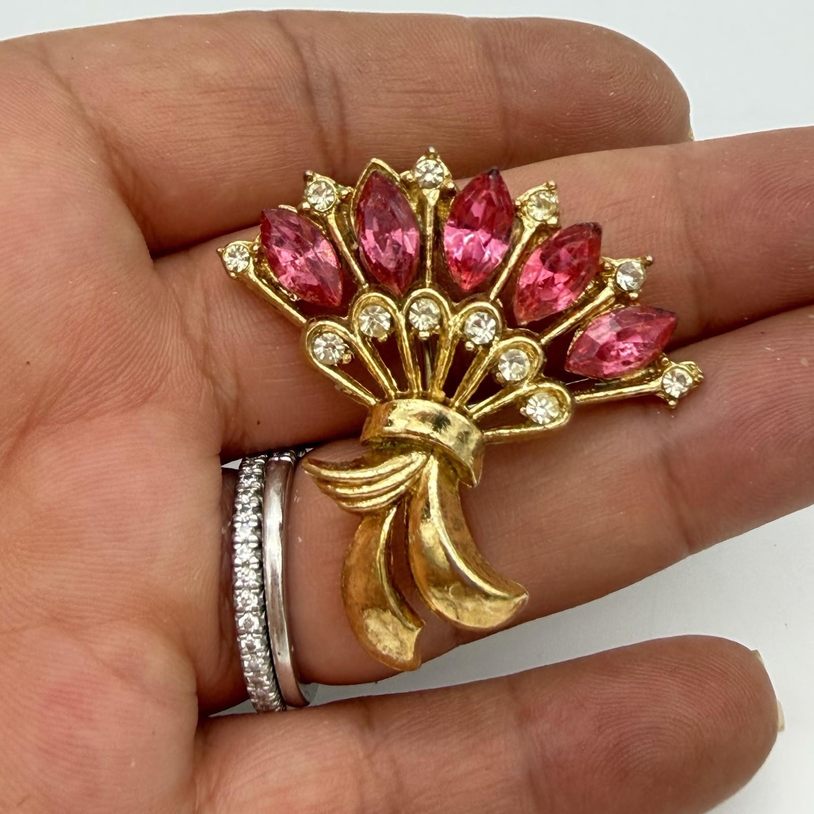 Vintage Rhinestone Brooch Pin Pink Navette Fan Flower Bouquet Retro