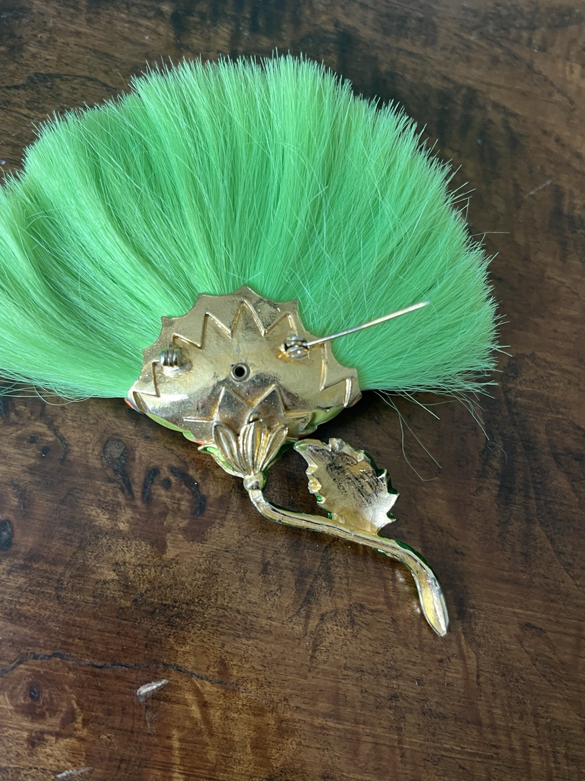 Vintage Hattie Carnegie Flower Brooch Lime Green Dynel Fiber Large Unique 60s