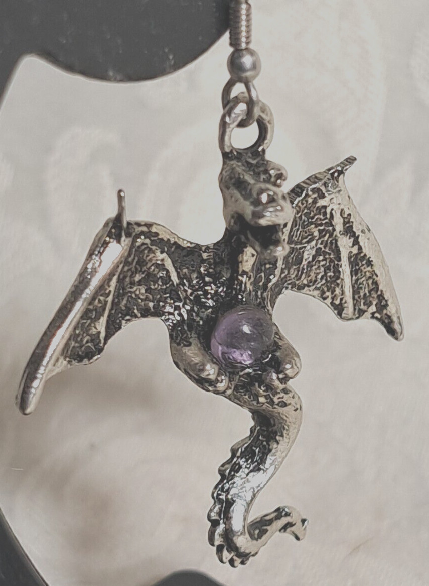 Vintage Fine Metal Dragon Serpent Pierced Earrings Purple Crystal Ball 2.25×1.5
