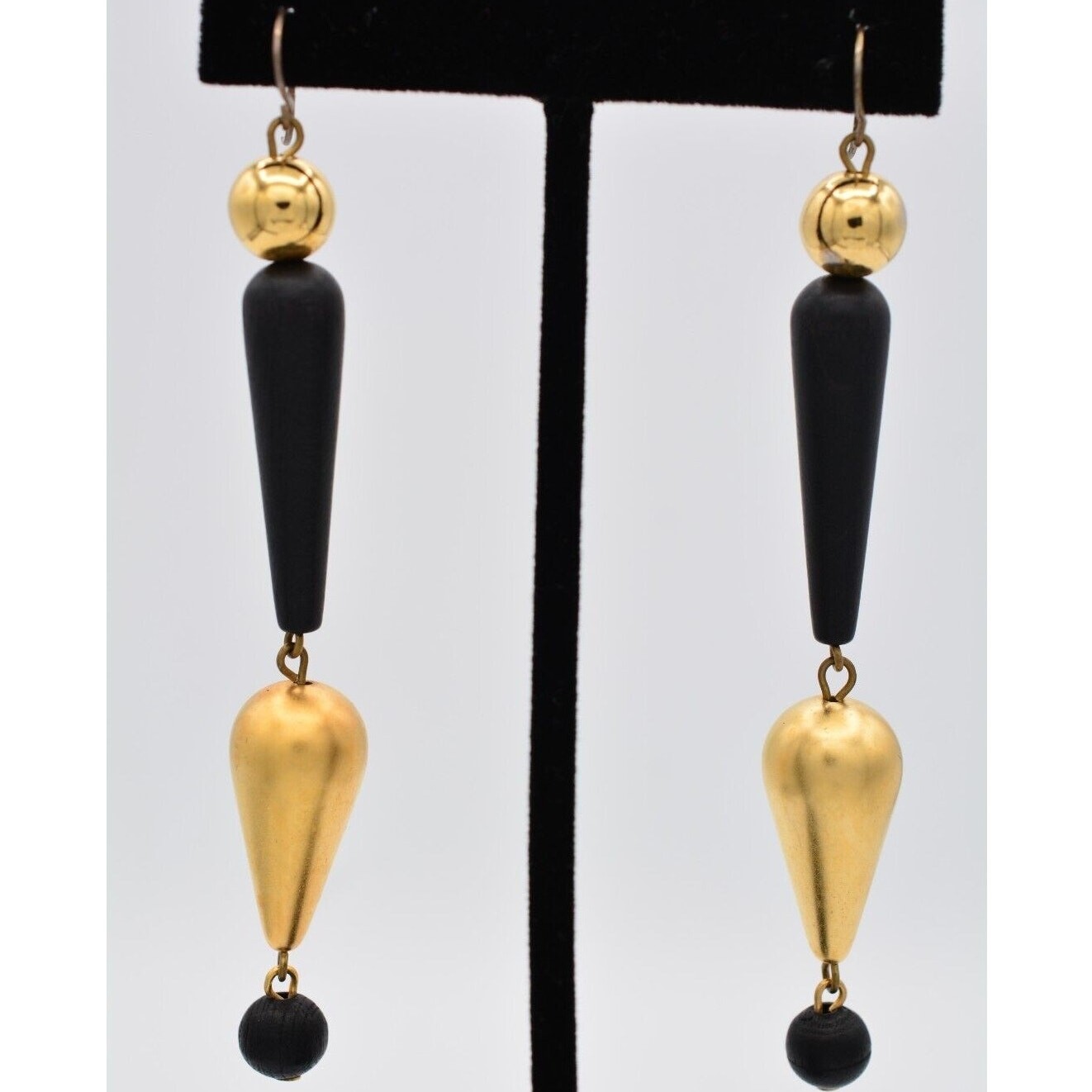 Vintage Dangle Earrings Black Beaded Brushed Gold Matte Drop Chunky 1990s BinAV
