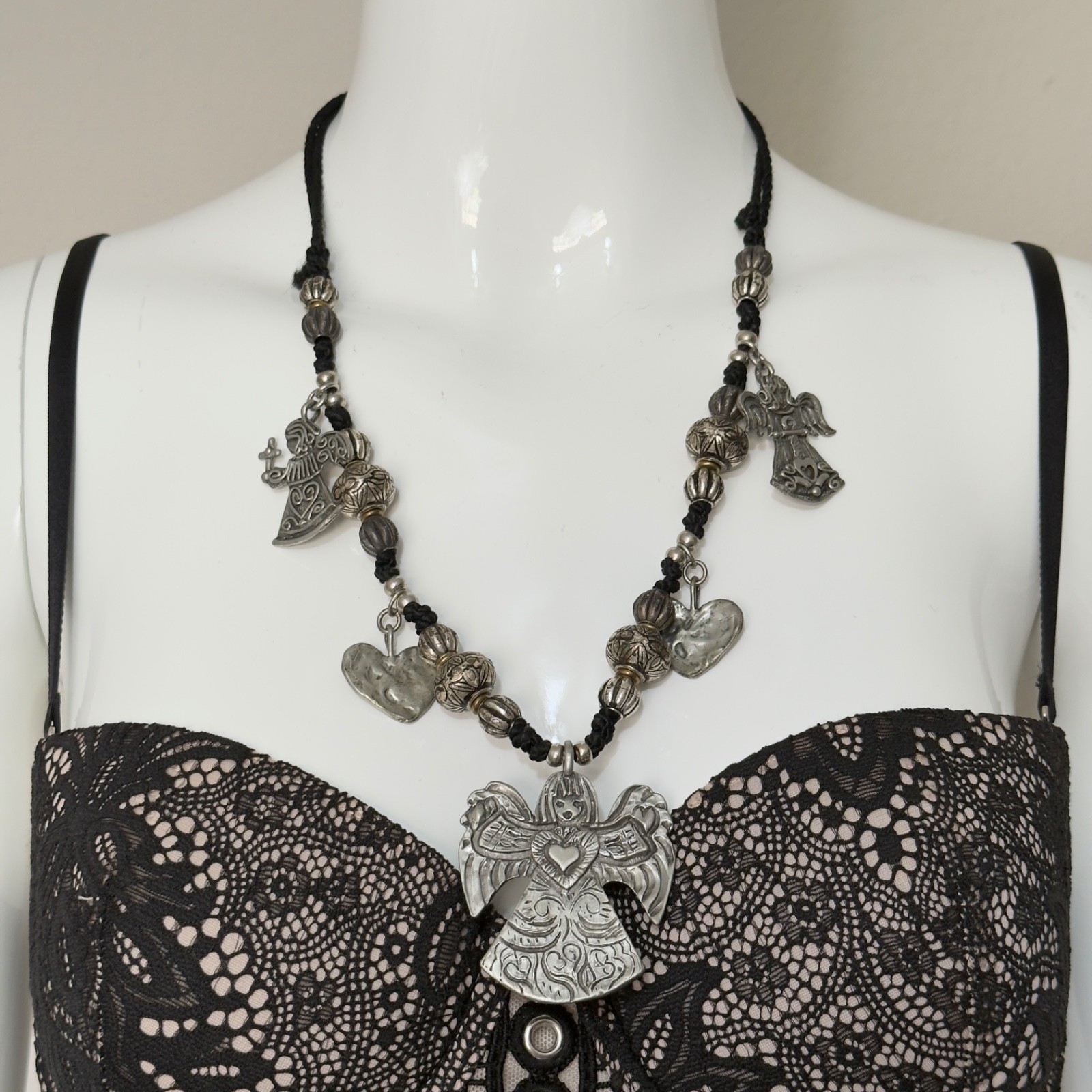Vintage Signed MARCIE Beaded Pewter 3 Angels Cord Necklace Faith, Hope & Charity