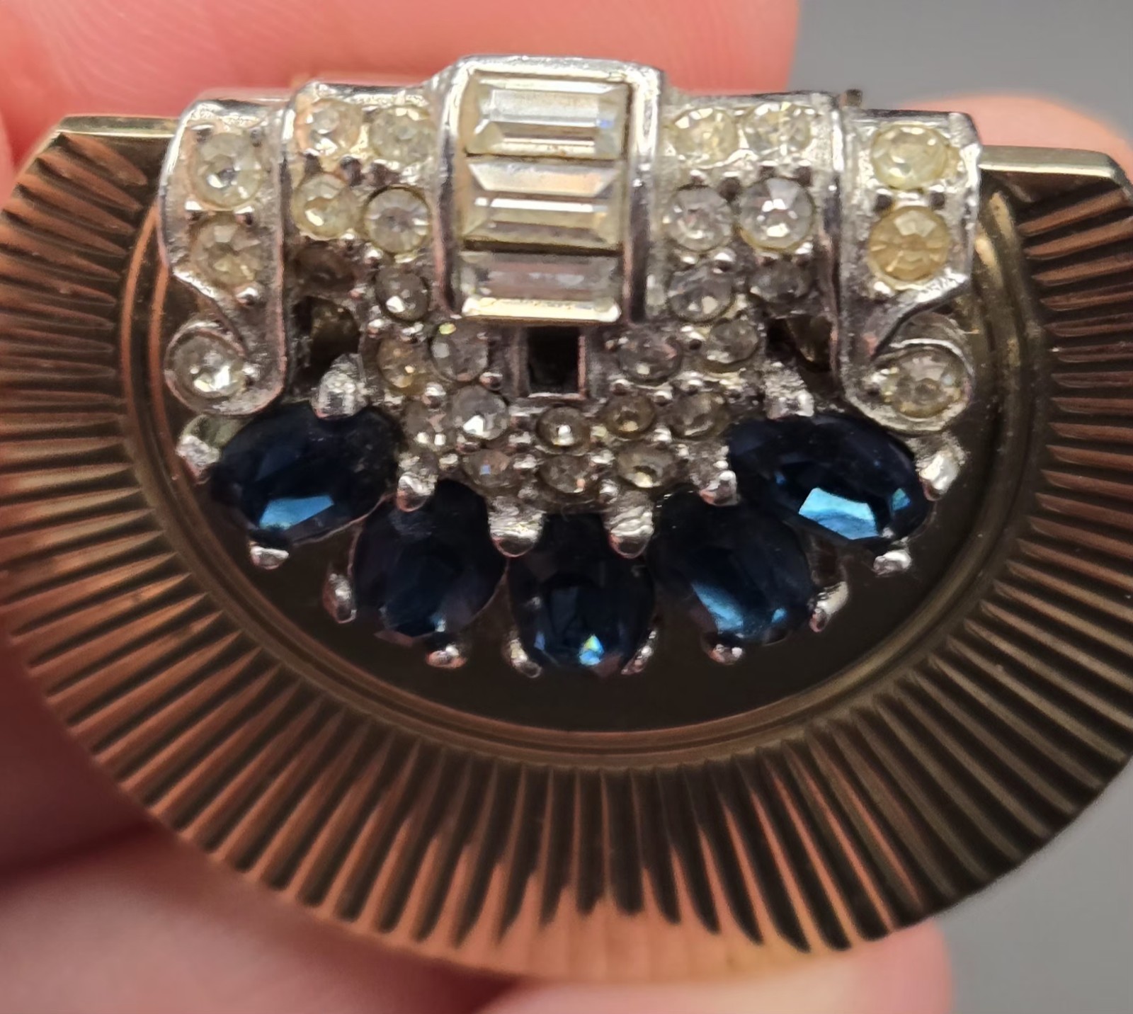 Vintage Signed CIRO Art Deco Dress Clip Brooch Blue Sapphire Rhinestone Ribbed