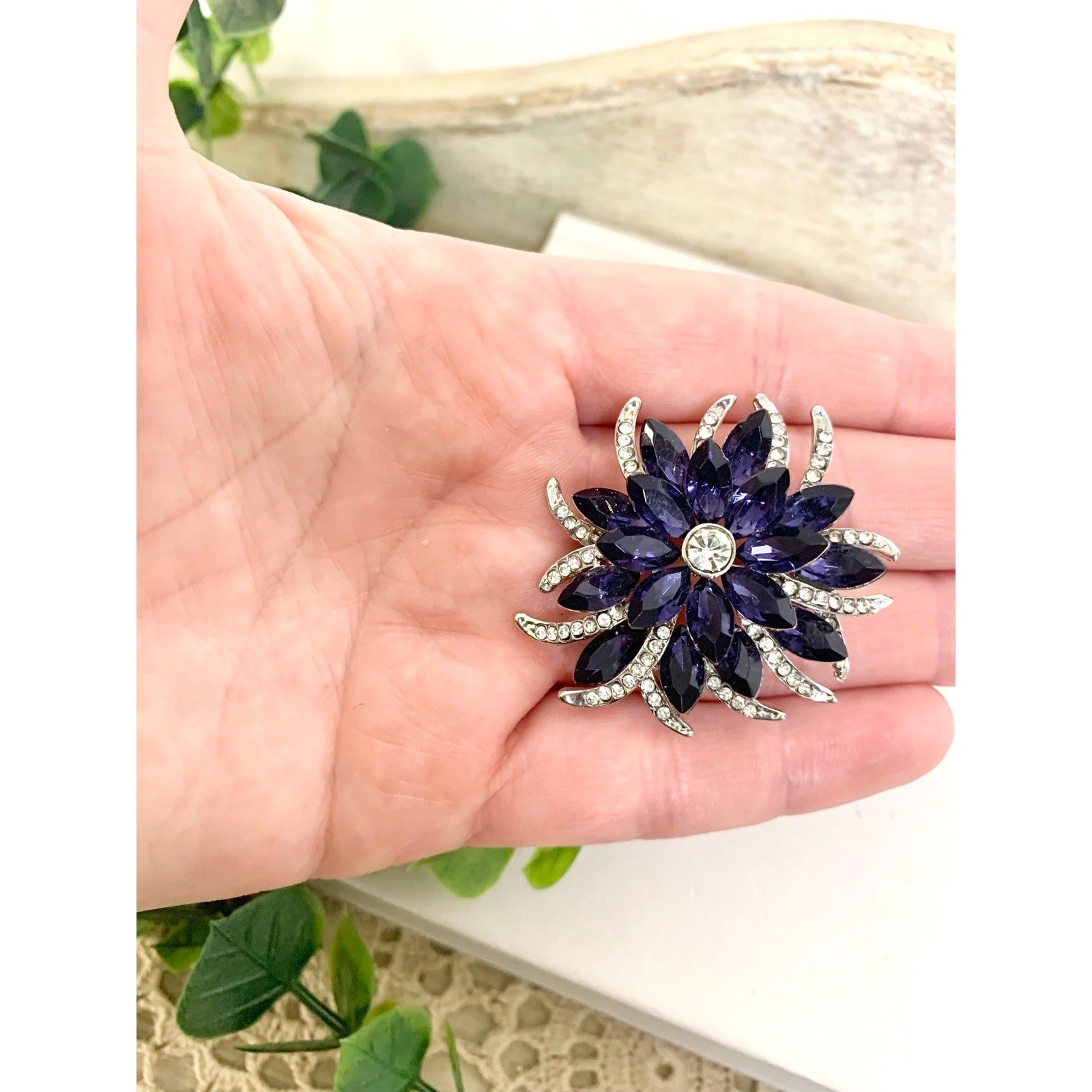 Vintage Blue Violet Rhinestone Flower Brooch Silver Statement Pin Mid Century