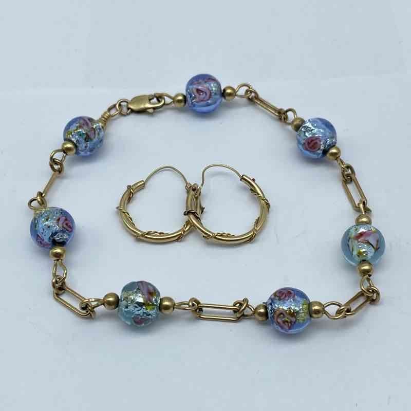 Vintage Gold Filled Murano Foil Glass Bead Bracelet & Hoop Earring Set 8.5″