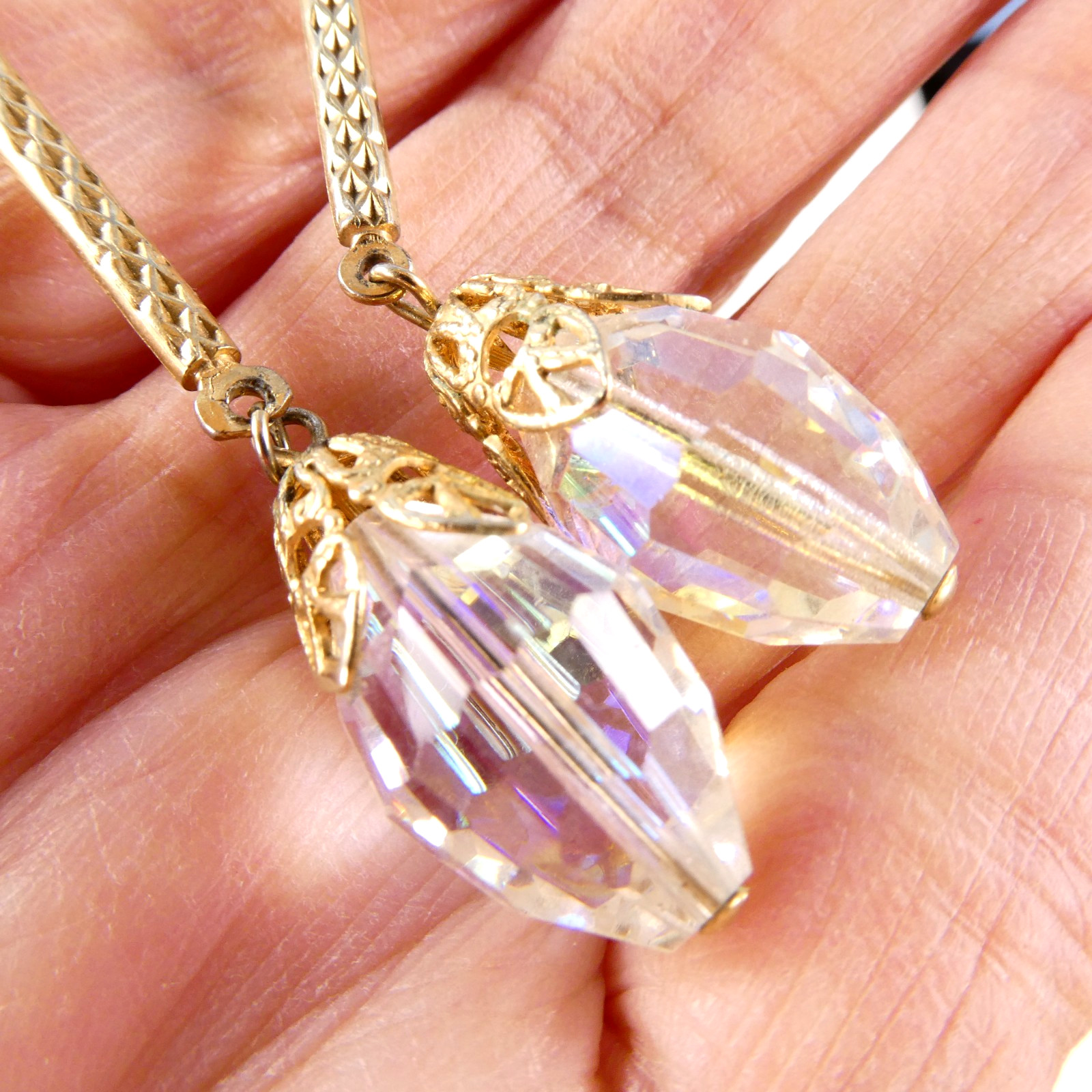 Vintage LONG Crystal Drop Dangle Earrings Clip On AB Glass Gold Tone