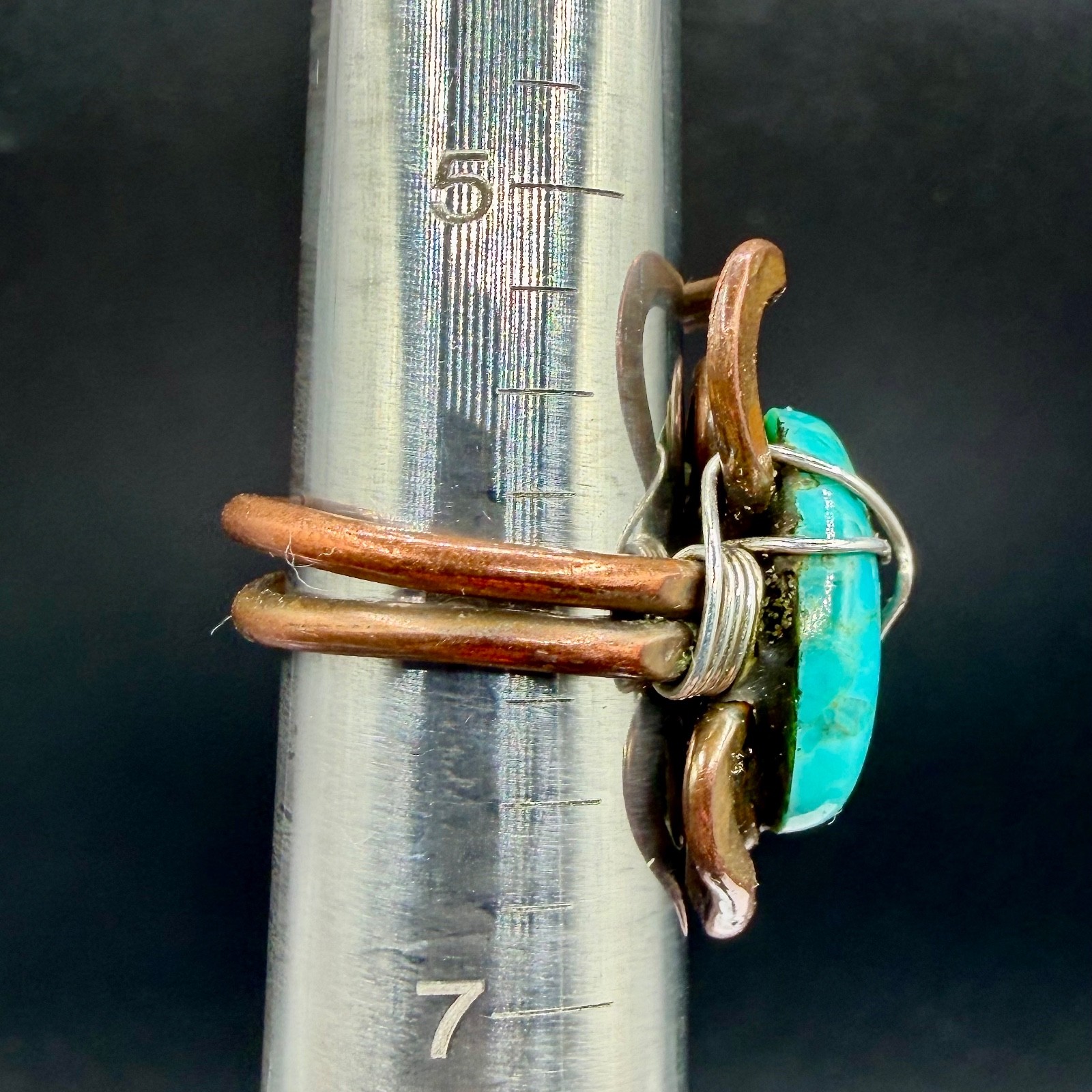 Artisan Mixed-Metal Copper Turquoise Wire Sterling Silver Wrapped Ring Sz 6