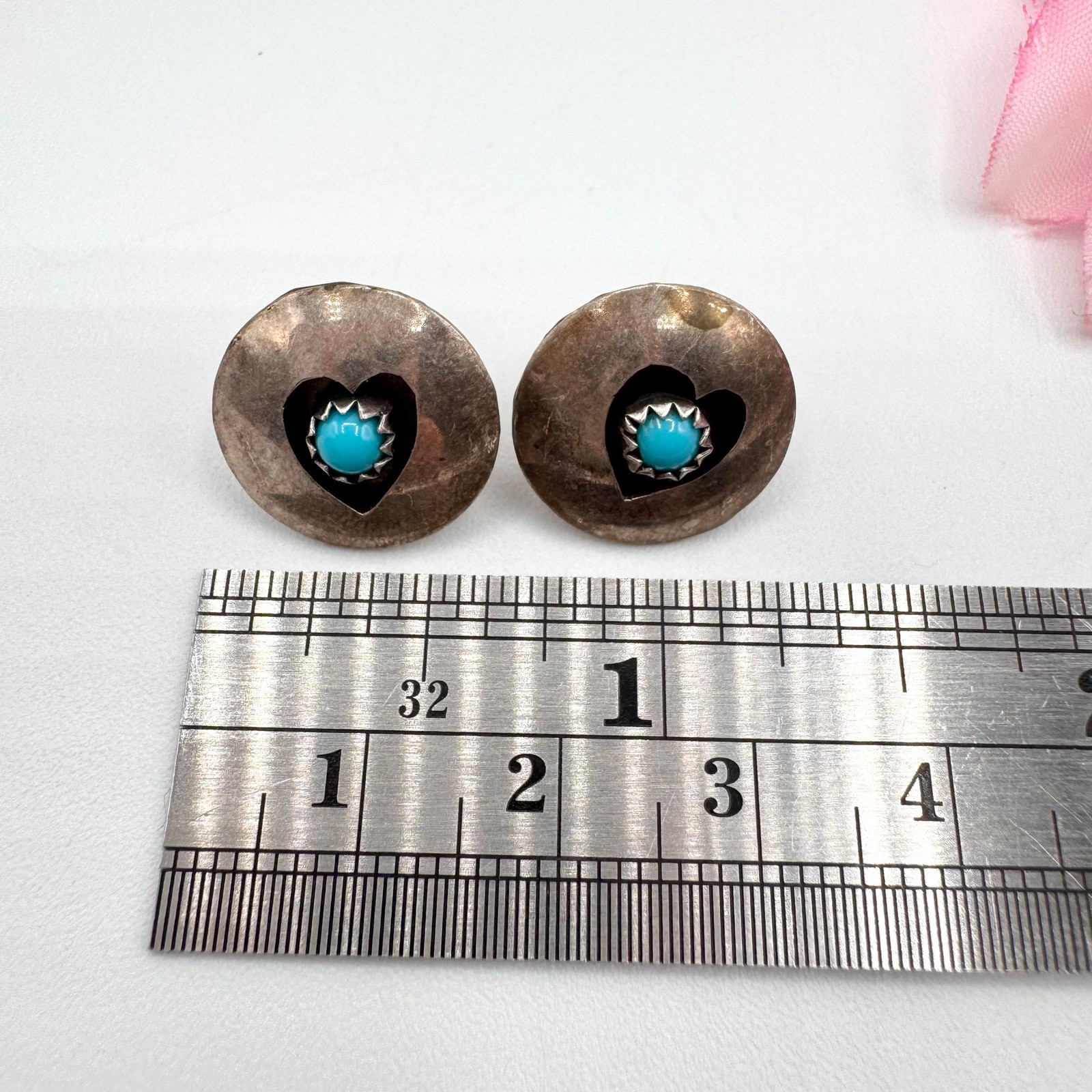 Southwestern Vintage Turquoise & Heart Silver Shadowbox Earrings Native Tribal