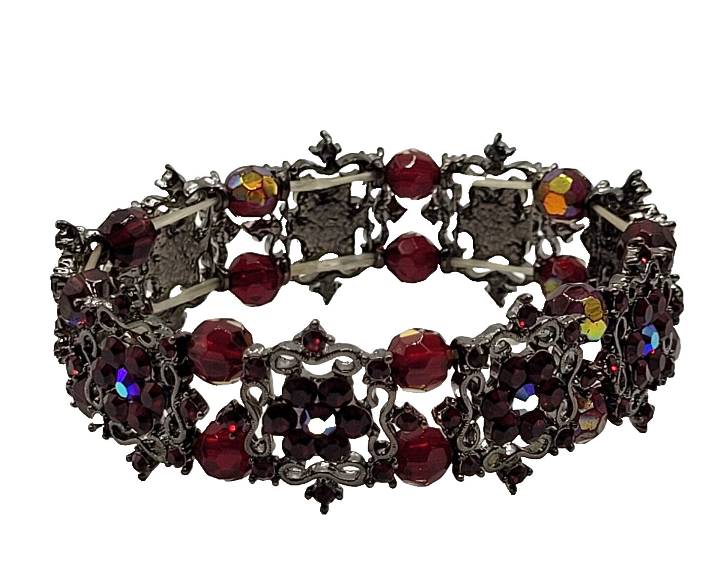 Red AB Crystal Sparkle Flower Floral Metal Ornate Fancy Event Stretch Bracelet