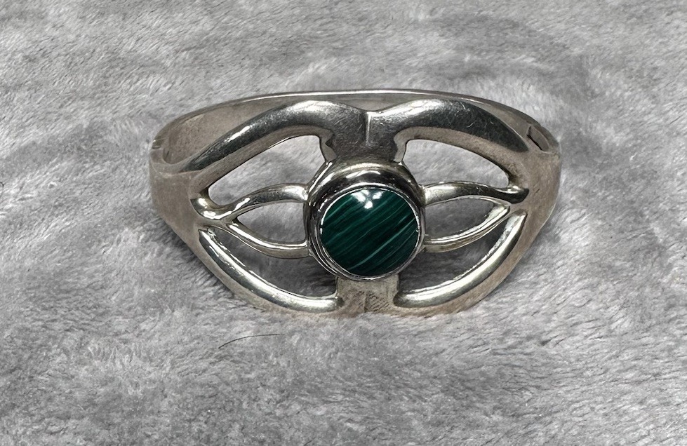 VTG Sterling Silver 925 Malachite Cabochon Hinged Bangle Bracelet Taxco MEX L108