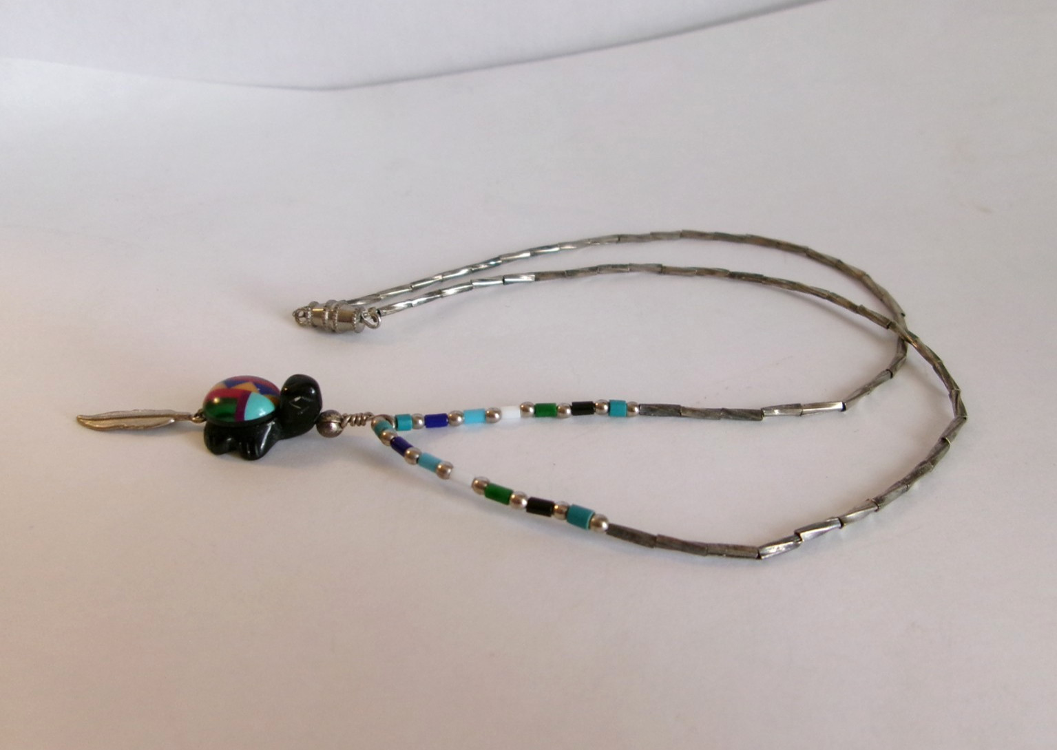 Inlay Turtle Pendant Necklace 18″ Liquid Silver & Bead Chain