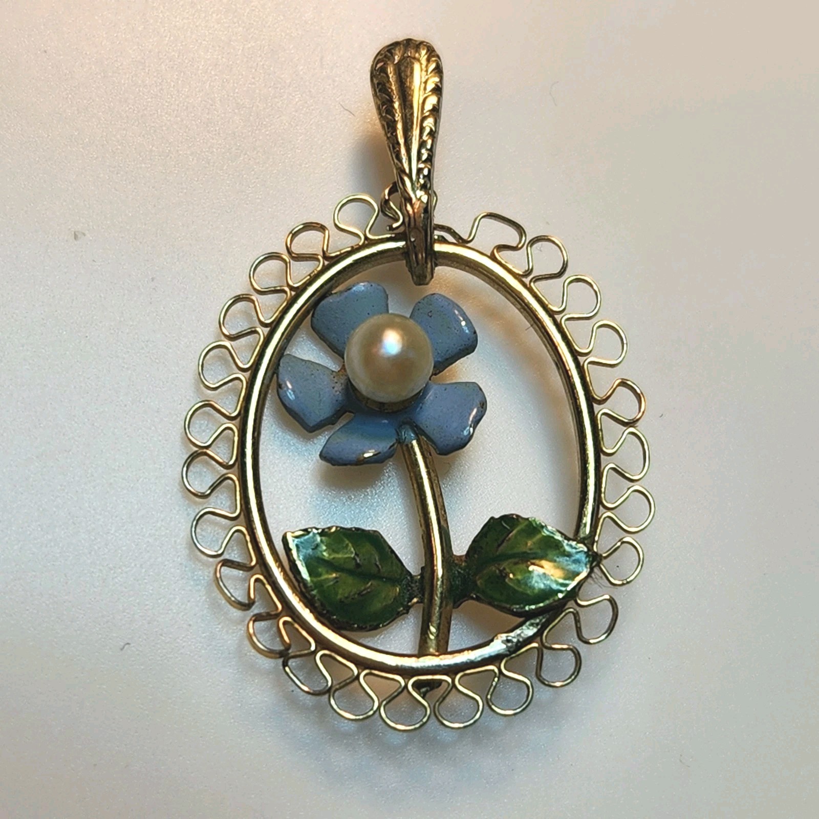 Vintage Enamel Pendant Forget Me Not Pearl Goldtone Metal Filigree Frame 1″