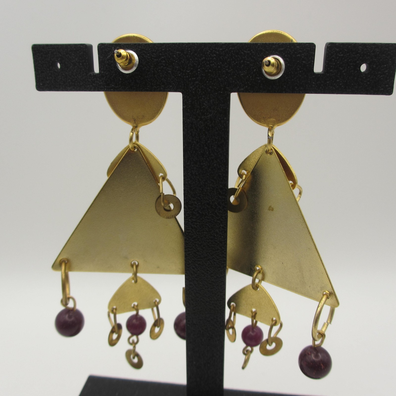 Vintage Statement Earrings Drop Dangle Triangles Purple Beads Bold Post Backs