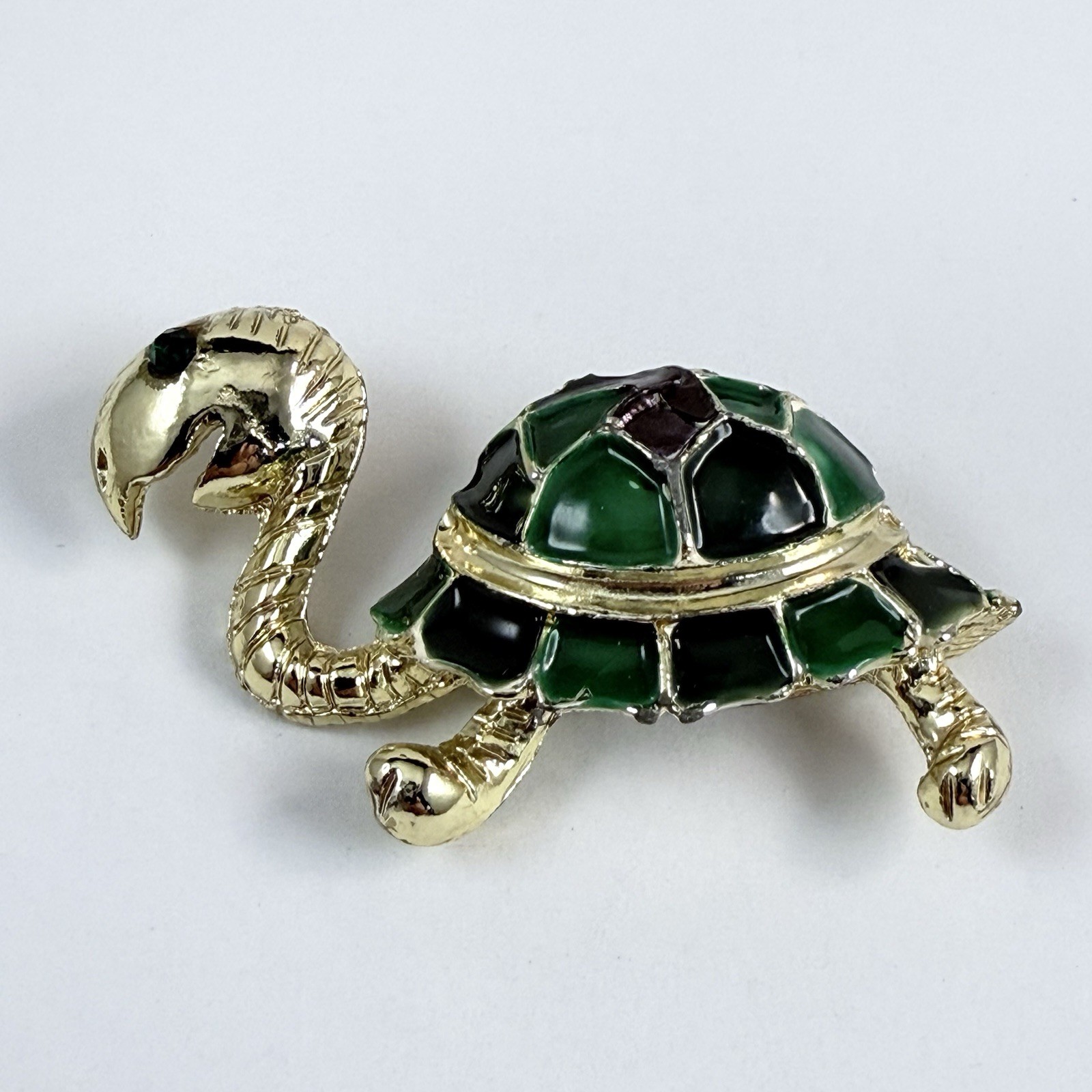 Vintage Rhinestone Green Enameled Turtle Brooch Gold Tone Pin