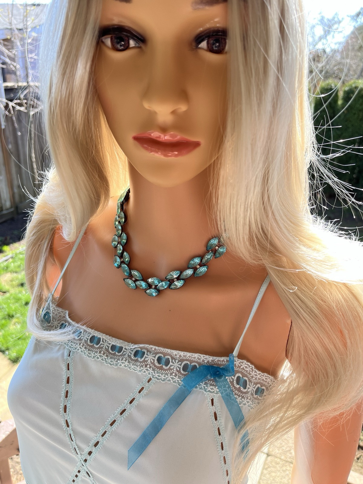 Vintage Aqua Rhinestone Pot Metal Rivière Necklace Not Signed