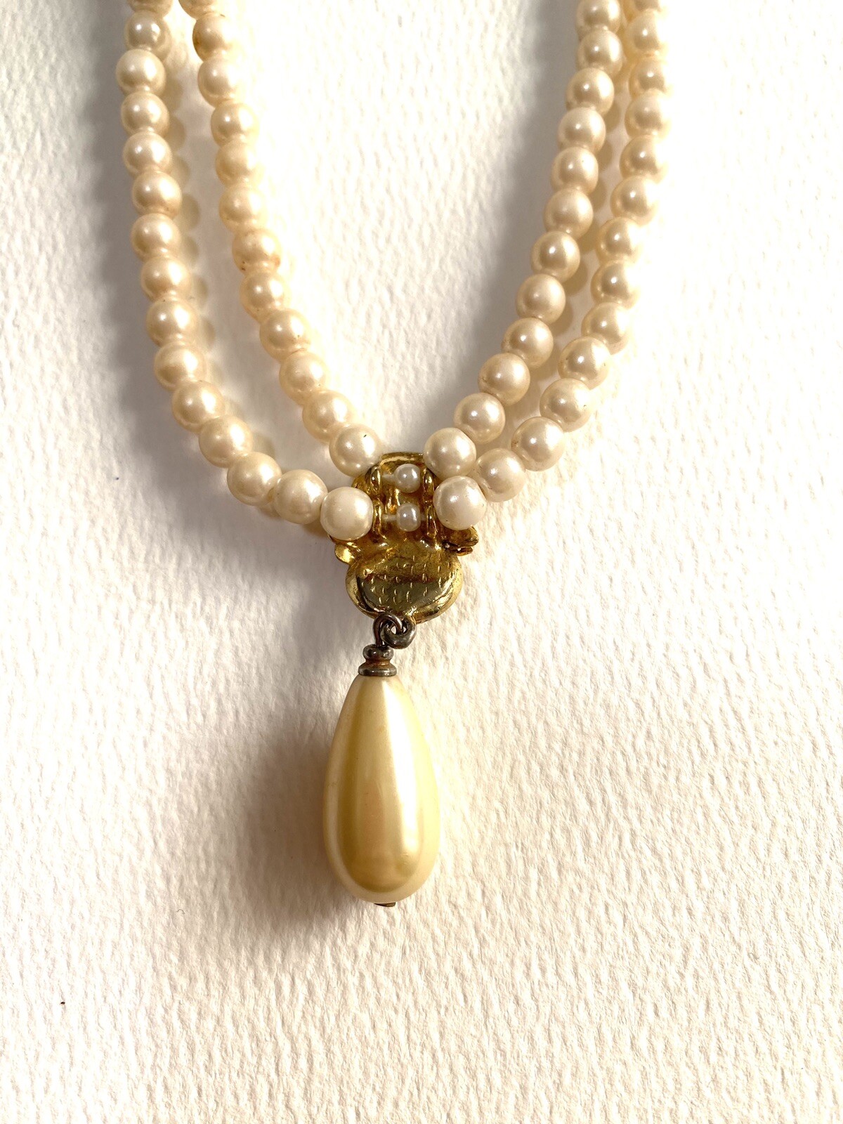Vintage Estate Faux Cream Pearl Gold Tone Rhinestone Drop with Fish Hook Clasp