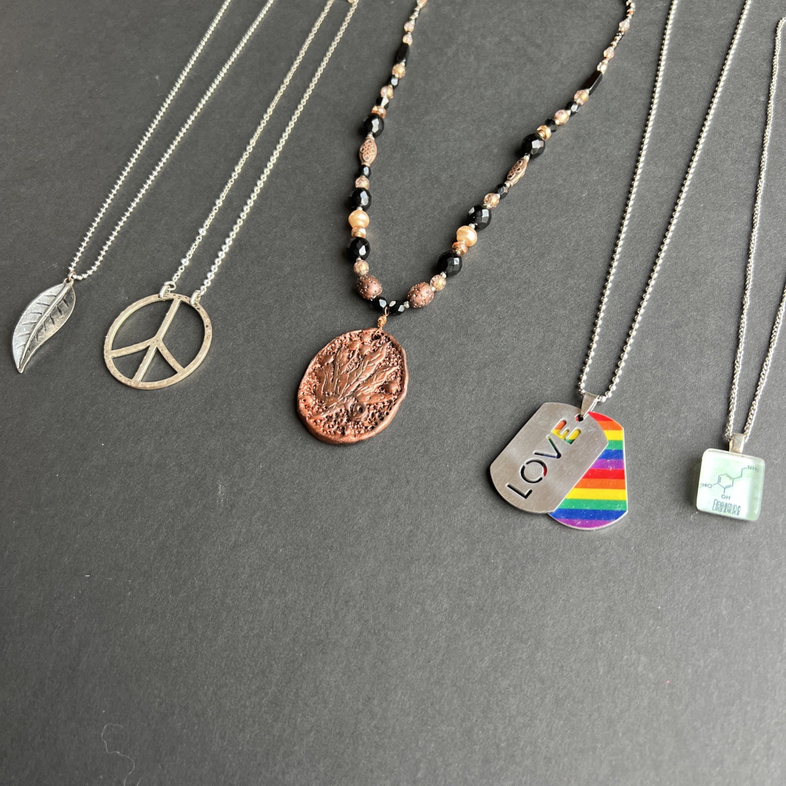 Peace Love Dopamine Weed Leaf Necklaces Vintage Copper Silver Tones Necklace LOT