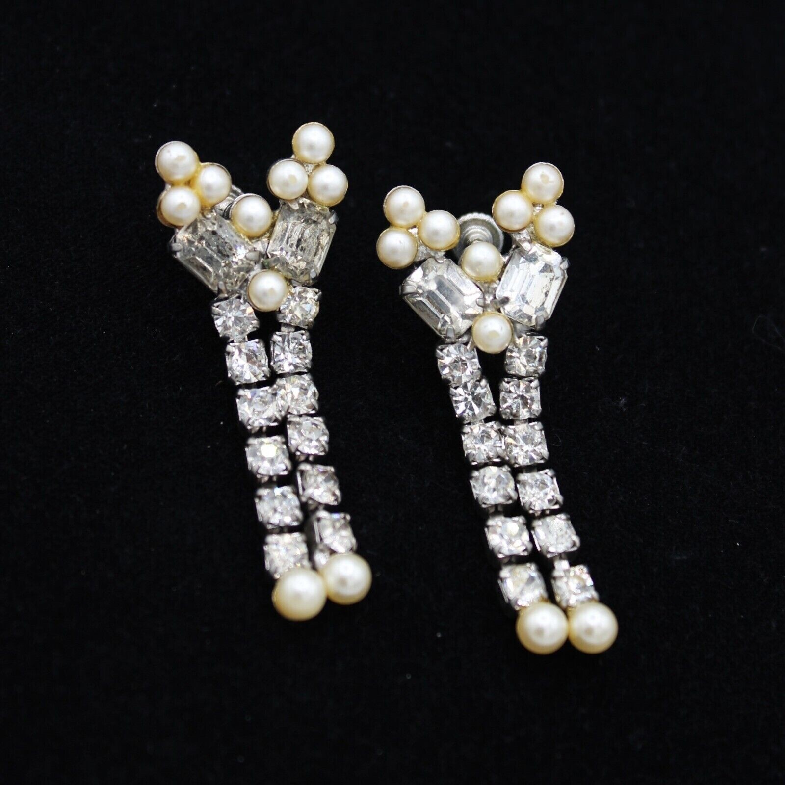 Rhinestone & Faux Pearl Drop Dangle Earrings 1950s Silver Tone