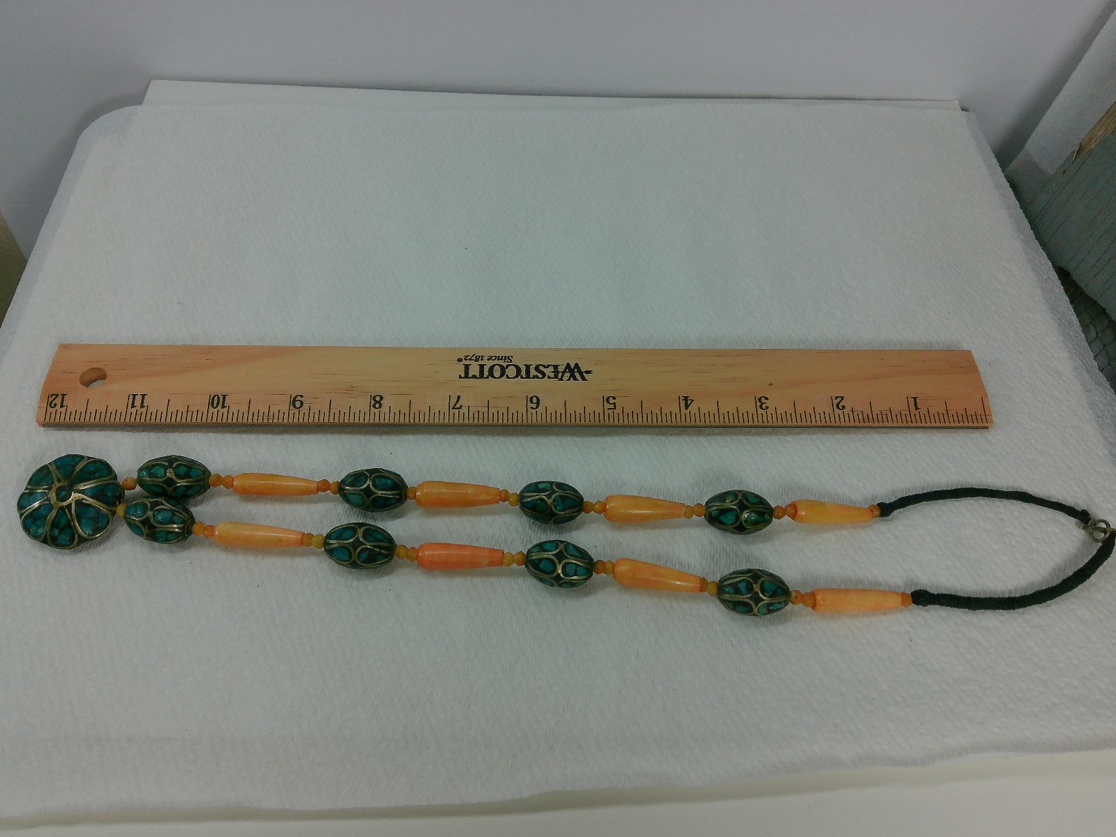 Vtg Turqoise Chip Inlay Silver Cow Bone Beaded Tribal Flower Pendant Necklace