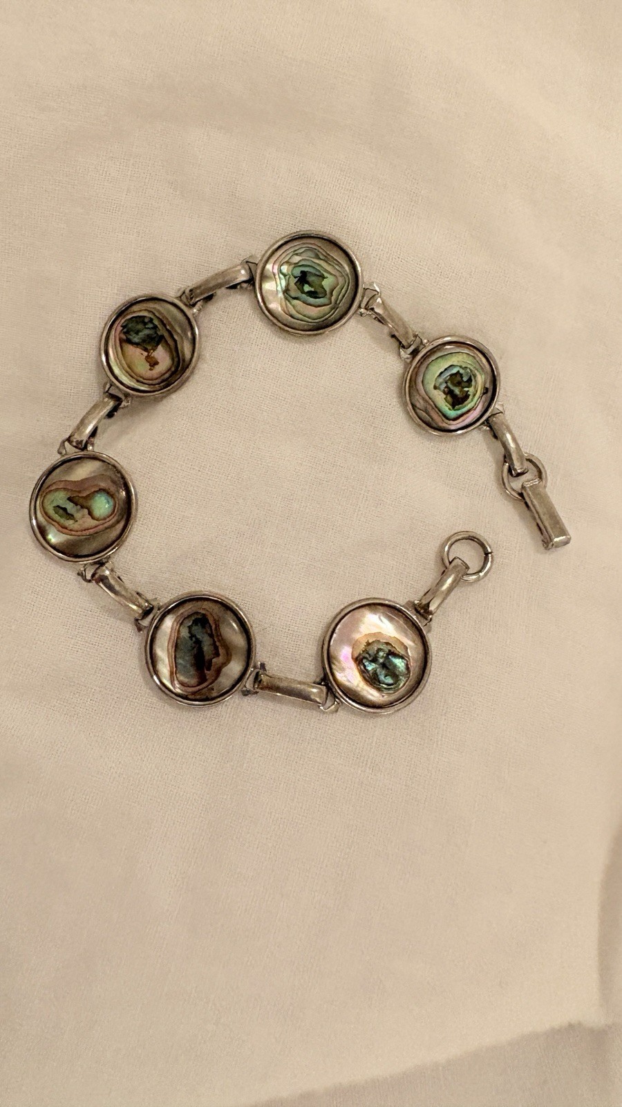 Vintage Hoffman Abalone Shell Link Bracelet Iridescent Paua Silver Tone 7.78”