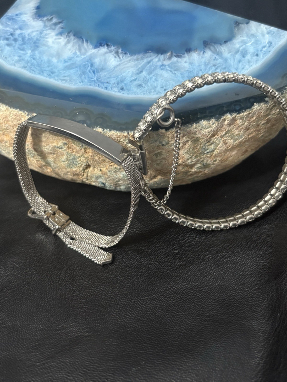 Vintage Bracelet Set Mesh ID Bucket Rhinestone Silver Tone Safety Clasp