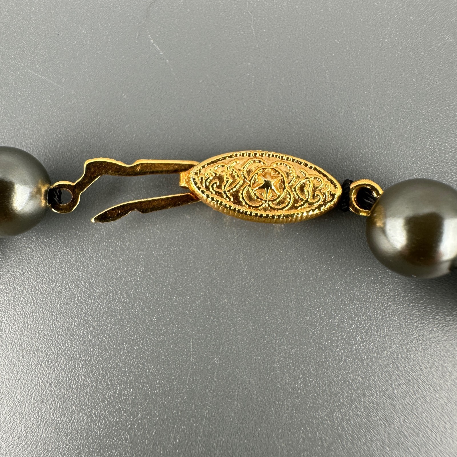 Vintage Glass Pearl Necklace Hand Knotted Charcoal Gray Gold Tone Filigree Clasp
