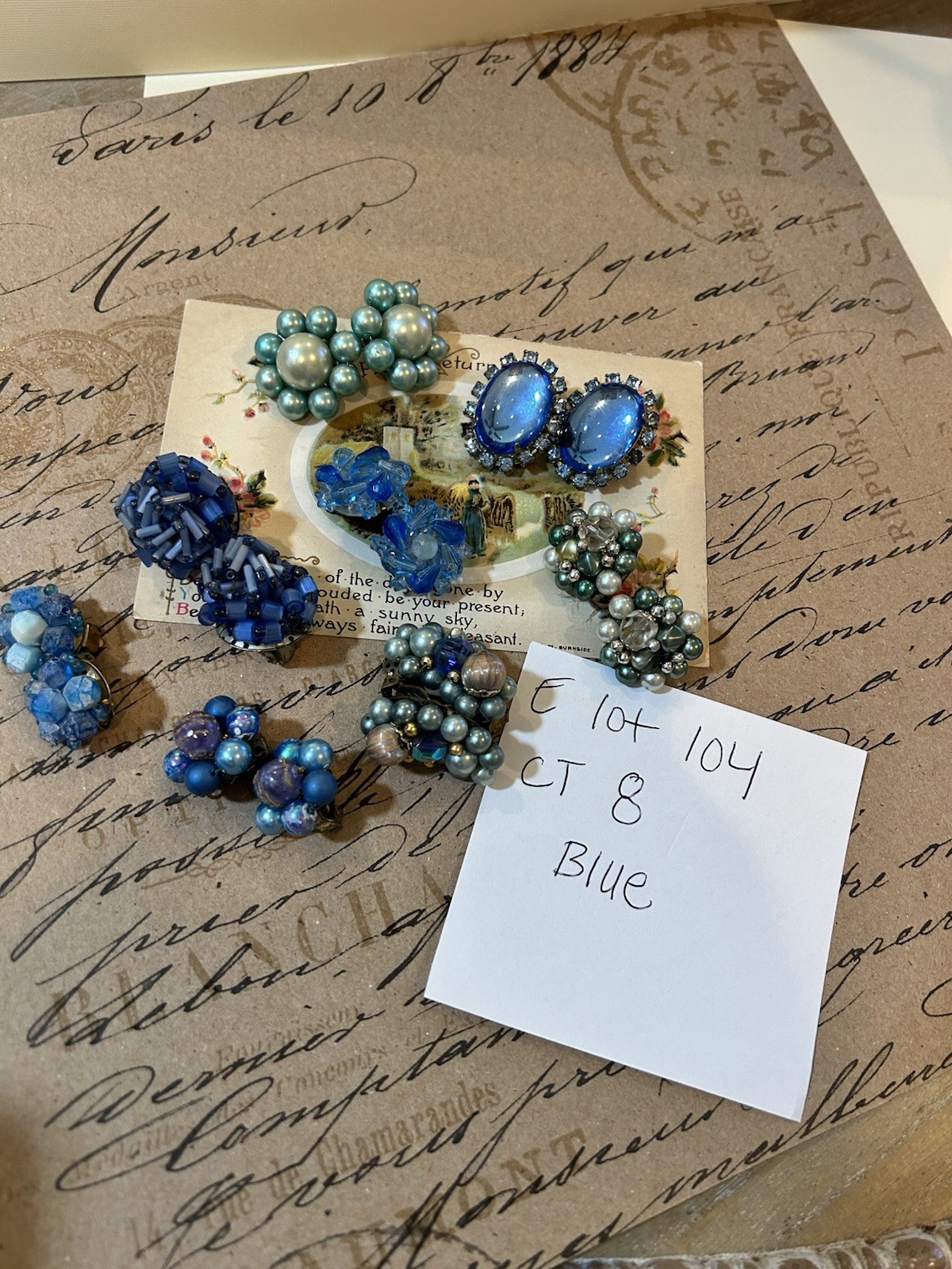 Vintage Clip-on Earring Lot of 8 Pairs Blue Tones Pretty!
