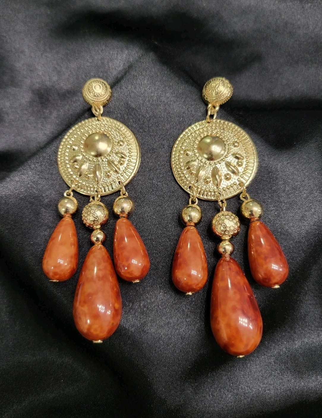 Vintage Gold Tone Coin Chandelier Earrings Orange Faux Amber Resin Drop Boho