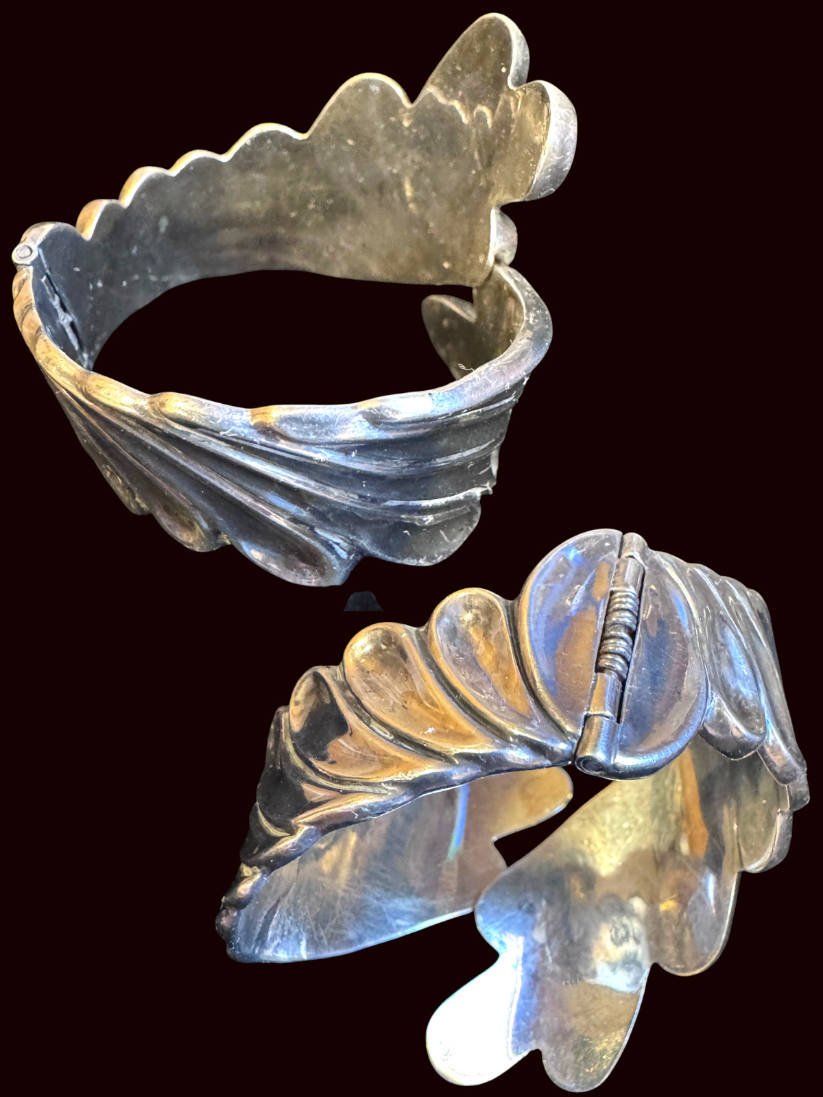 VTG Taxco Mex Sterling Feather ByPass Clamper Cuff Bracelet_ A. VALLADARES_ 55 g