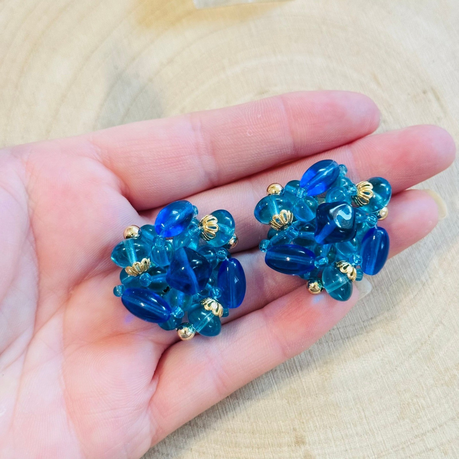 VTG Chunky Cluster Earrings Statement blue glass Czech pierced round flashy gold