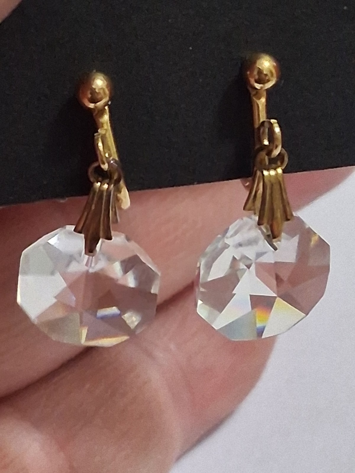 Gold filled faceted crystal dangle drop adjustable clip on earrings, geometric
