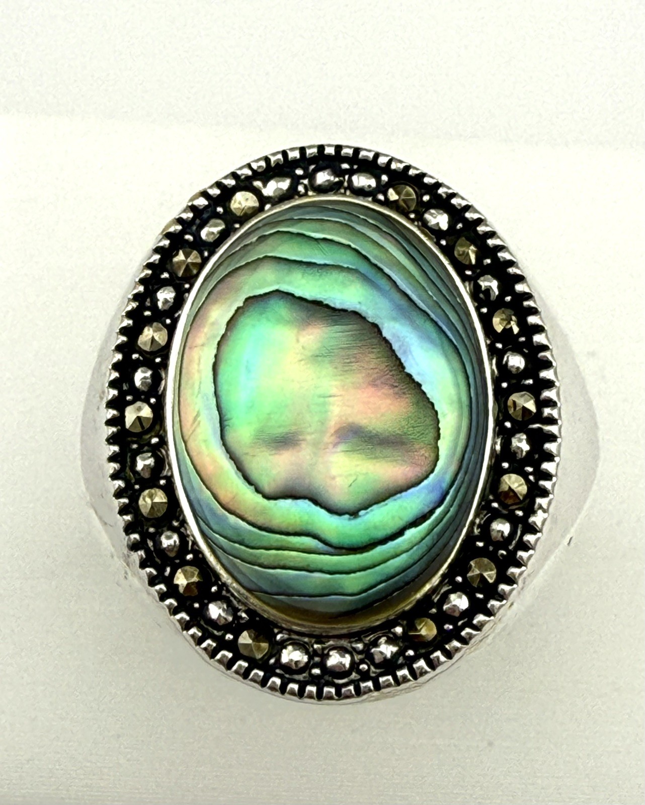 Sterling Abalone Marcasite Ring Size 7 Oval Halo Signed CW Charles Winston